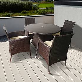 Katie Blake Garden Rattan 4 Seater Round Dining Set with Cushions and Glass Table Top Taupe Brown